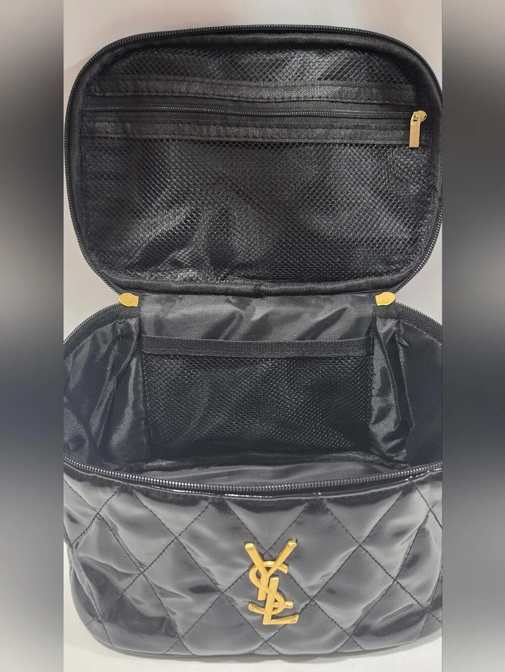 YSL Yves Saint Laurent Quilted Faux Leather Makeup Vanity Case -  Gold Logo